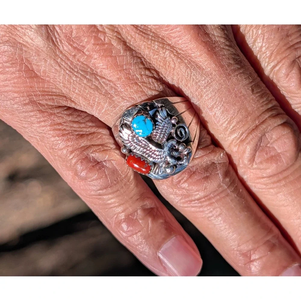 Navajo Men's Eagle Ring Sterling Silver Turquoise Signed Grace Smith Sz 11.5 ***